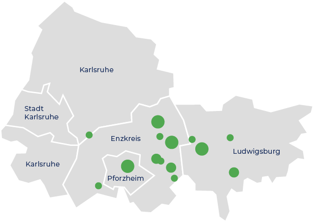 Landkarte mit der Lage von Immobilienobjekten in Pforzheim und Umgebung